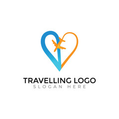 Tropical Adventure Travel Logo with Airplane, Mountains, and Sunset