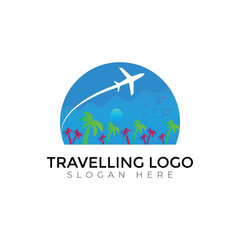 Tropical Adventure Travel Logo with Airplane, Mountains, and Sunset
