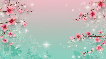 Fototapeta premium Spring-inspired pastel background with layered floral patterns and glowing sparkles