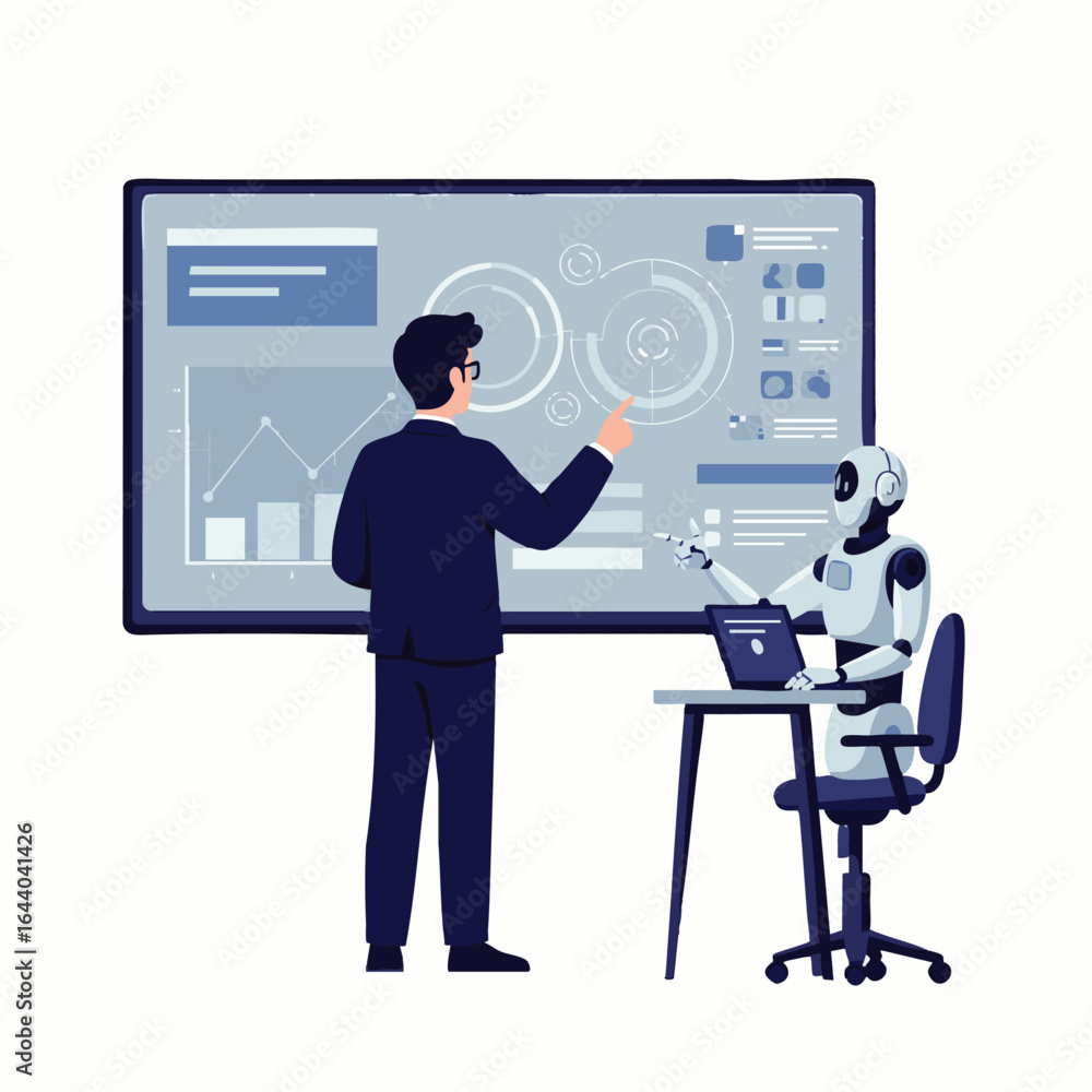 Aufkleber a businessman and a robot collaborate on a large digital screen displaying complex data analytics an