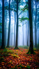 Mysterious blue fog in magical forest with tall tree and orange autumn leaf. tranquil nature scene, path in colorful wood landscape