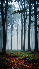 Moody, mysterious path through foggy forest in autumn. walk in wood with bare tree trunks creates serene and atmospheric scene