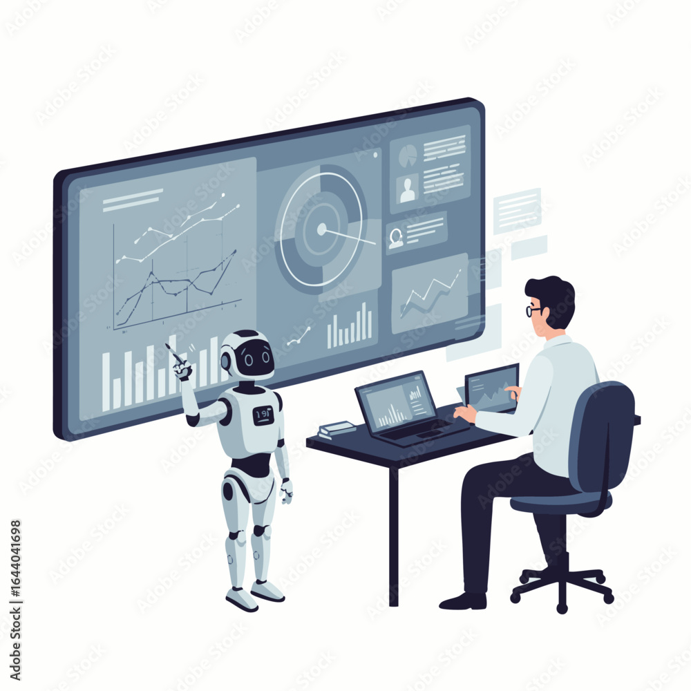 Aufkleber a futuristic ai robot assists a human professional in analyzing complex data on a large interactive 