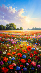 Vibrant field of colorful wildflower and poppy blooming under bright sun and blue sky. serene summer nature landscape full of life