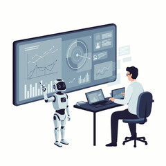 A futuristic AI robot assists a human professional in analyzing complex data on a large interactive screen, illustrating technological collaboration.