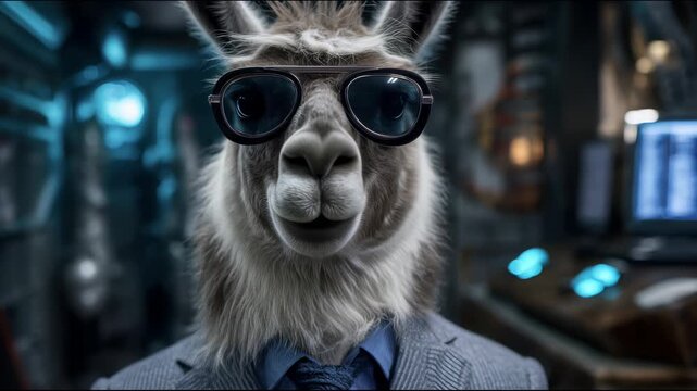 Llama wearing a business suit and dark sunglasses standing in a room with computers and cables in the background