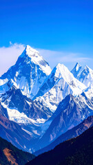 Majestic snow covered mountain peak under clear blue sky. serene natural Himalaya landscape for adventure and trekking background