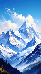 Majestic snow mountain peak landscape illustration. serene alpine scene with blue sky, white cloud, and forest in valley below