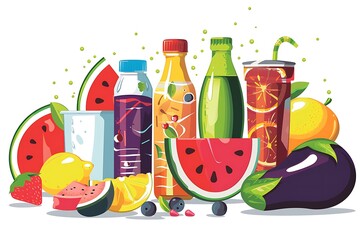 Vibrant Summer Fruit Drinks:  Refreshing Beverages, Watermelon, Citrus, and Berries in a Fun, Cartoon Style.