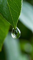 Serene water drop hanging on fresh green leaf tip. Macro photography showing pure clarity of nature with blurred background for calm feeling