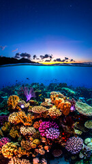Serene split shot over under view of vibrant colorful coral reef below ocean surface and tranquil sunset sky with tropical island