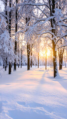 Serene winter forest landscape with snow covered tree during cold sunset. Golden sunlight and shadow create peaceful, beautiful scene