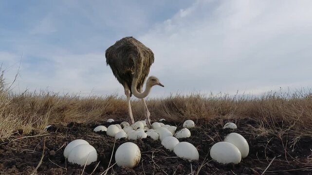Low wide angle of a Common Ostrich (Struthio camelus) standing among its eggs in dry savannah grassland at midday in Kenya