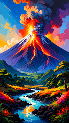 Awe inspiring volcano eruption with hot lava and smoke. dramatic, vibrant nature landscape with river flowing through colorful forest