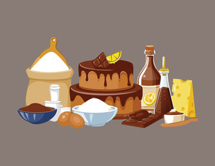 A Set of Baking Ingredients with a Chocolate Cake - Vector Illustration
