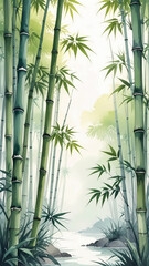Tranquil green bamboo forest landscape illustration with light filtering through stalk and serene water stream flowing in morning