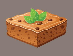 A Piece of Chocolate Brownie with Mint Leaves Topping - Vector Illustration
