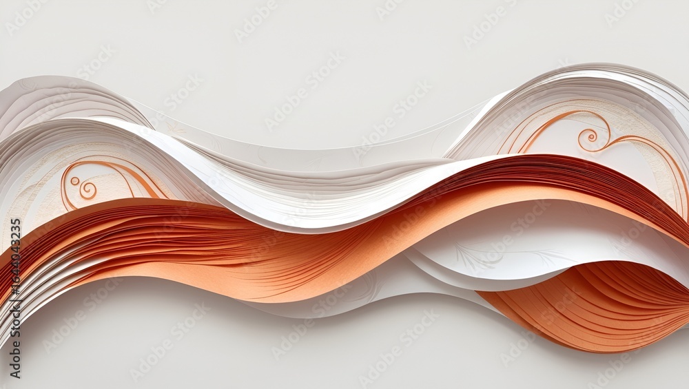 Poster minimalist abstract background with layered white and orange paper waves, creating a smooth flowing 