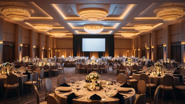 Elegant banquet hall set for formal event with round tables, floral centerpieces, chandeliers, and stage with large projection screen

