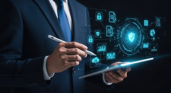 Cybersicherheit Konzept mit Geschäftsmann, der digitale Daten und Schutzsymbole auf Tablet analysier - Powered by Adobe