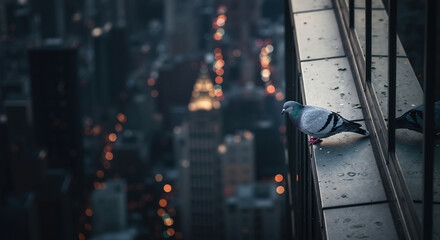 Pigeon sits on metal railing with blurred city lights background at evening. Urban bird life in metropolitan environment for wildlife adaptation content