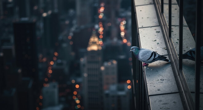 Pigeon sits on metal railing with blurred city lights background at evening. Urban bird life in metropolitan environment for wildlife adaptation content