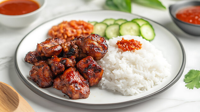 Ayam bakar taliwang, indonesian grilled chicken served with rice, plecing kangkung, sliced cucumber, and chili sauce, on a white plate, close up view