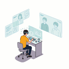 An individual in a VR headset interacts with holographic screens, participating in a futuristic online video conference and managing digital information remotely.
