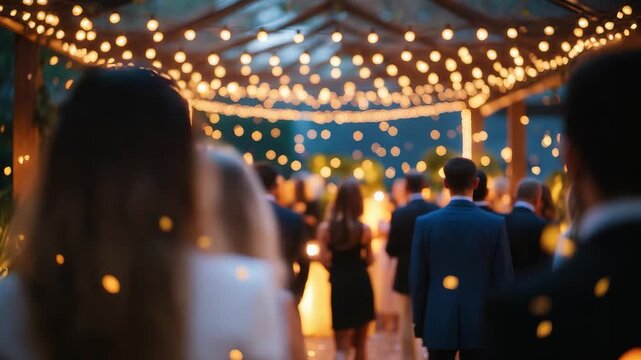 Elegant outdoor evening event with guests in formal attire walking under canopy decorated with warm string lights creating festive ambiance

