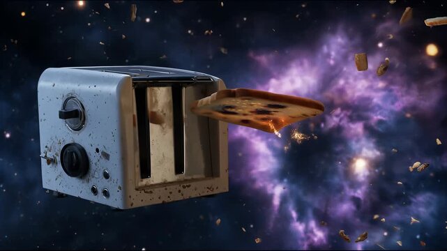 Toaster launches a burnt slice of bread into outer space, surrounded by flying crumbs and bright nebulae