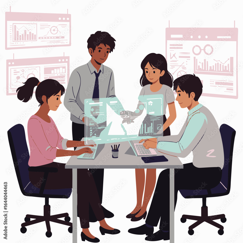 Aufkleber a diverse team of professionals collaborates on a futuristic data analysis project, utilizing advanc