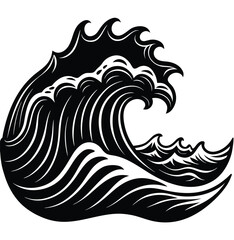 A stylized black and white fish with a swirling wave pattern on a blue background