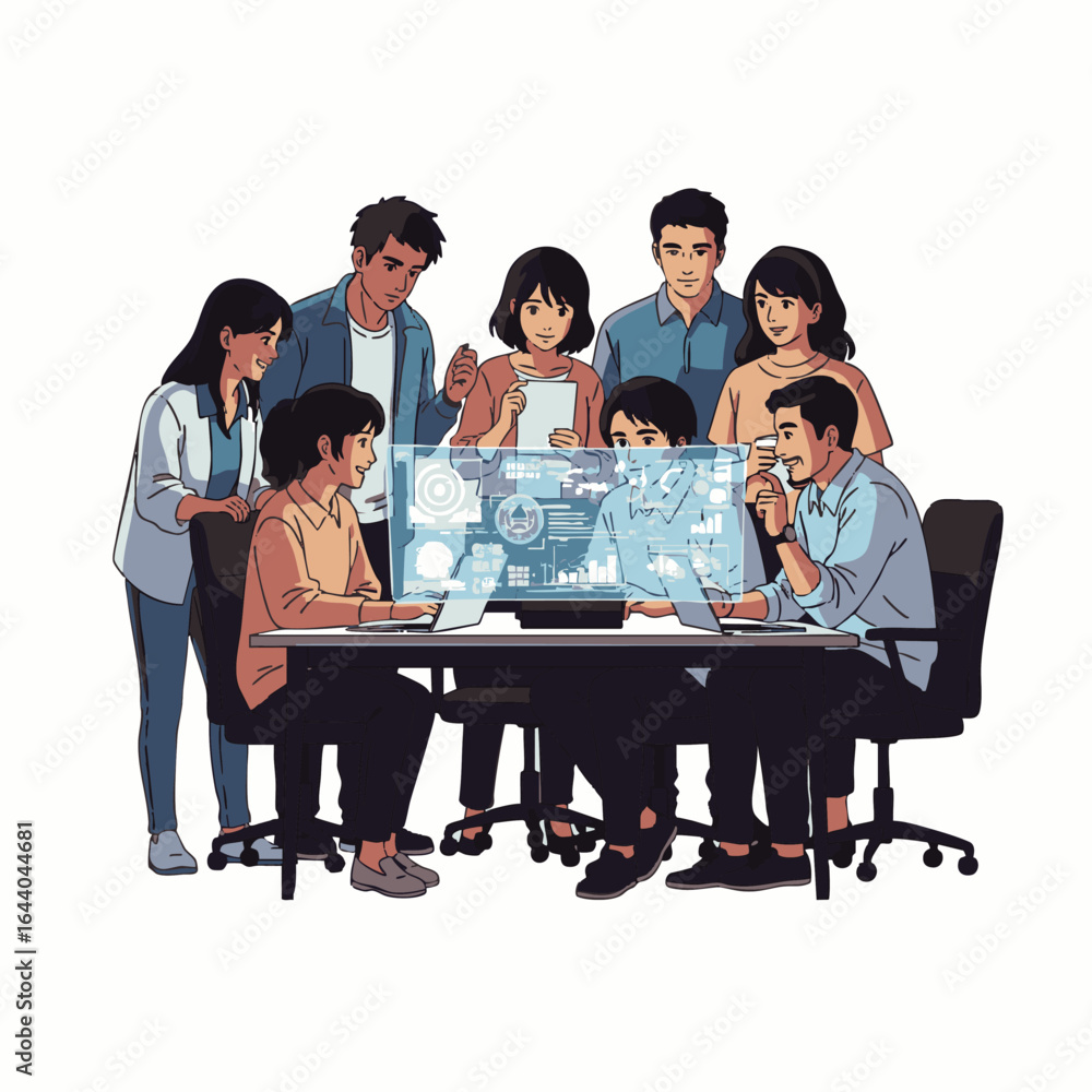Aufkleber a diverse professional team collaborates around a table, analyzing interactive data and innovative s