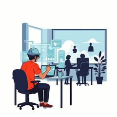 A focused professional in a hard hat meticulously analyzes complex digital data and interactive charts within a modern, collaborative office environment.