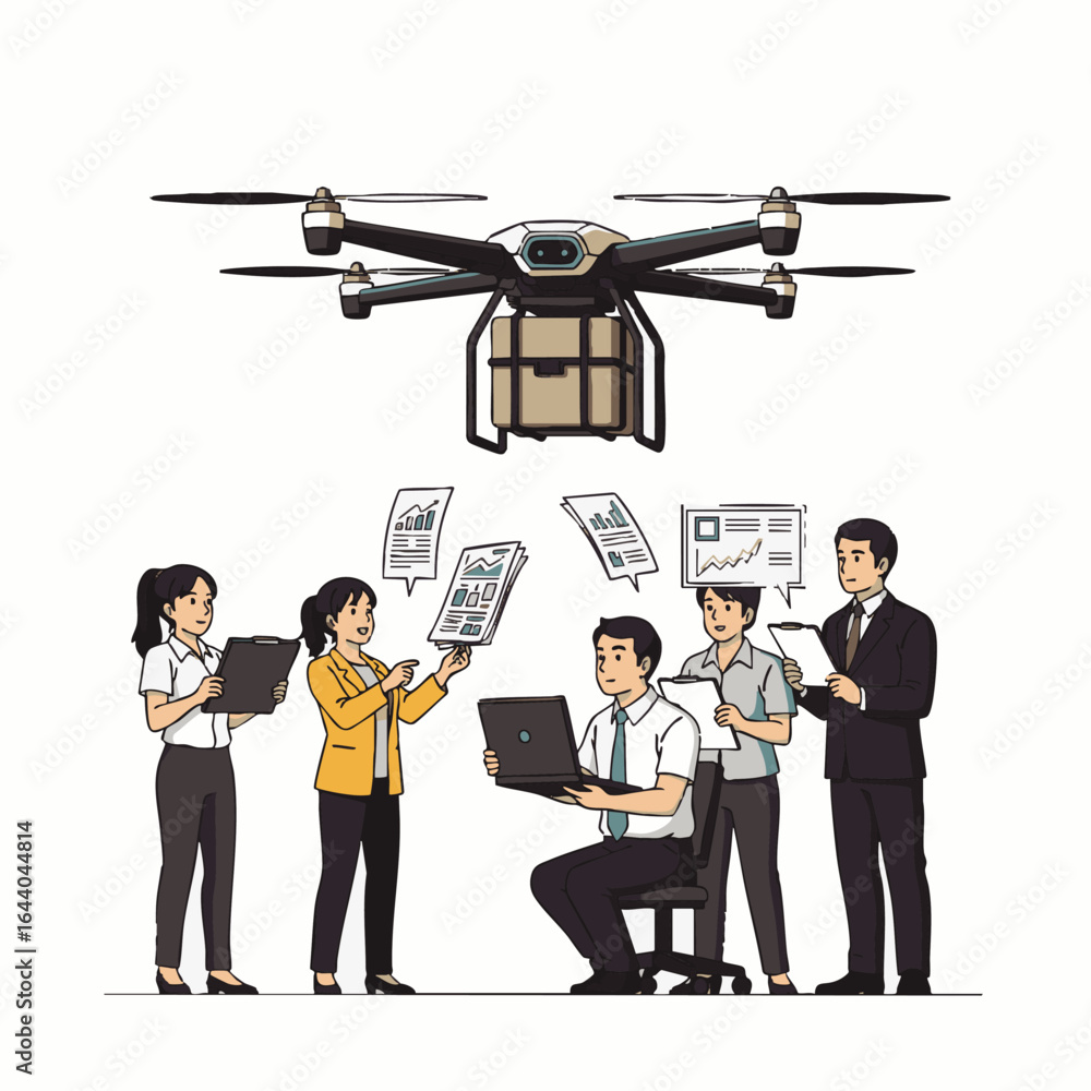 Aufkleber a futuristic drone delivers a package above a diverse business team collaborating on documents and t