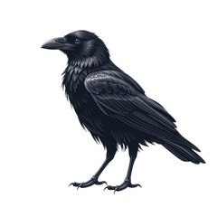 Fototapeta premium Detailed illustration of black crow with glossy feathers standing calmly, showing intricate feather texture and sharp beak
