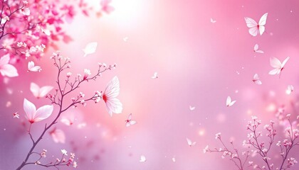 Fototapeta premium Cherry blossom branches with butterflies dancing in soft pink dreamy background