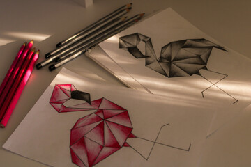 Geometric crystal flamingo drawings with colored pencils art supplies on paper