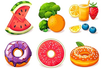 Vibrant Fruit and Donut Illustrations: Healthy vs. Unhealthy Choices, Cartoon Style