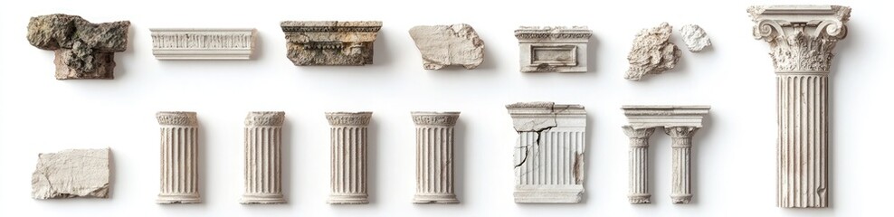 Obraz premium Ancient Stone Columns and Architectural Elements on a Clean White Backdrop Display