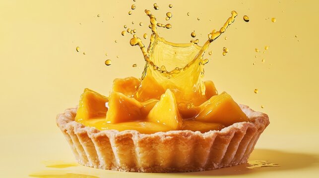 Mango sauce splashing onto a fresh fruit tart, its vibrant yellow hue adding tropical vibrancy to the pastry, isolated on light yellow background,