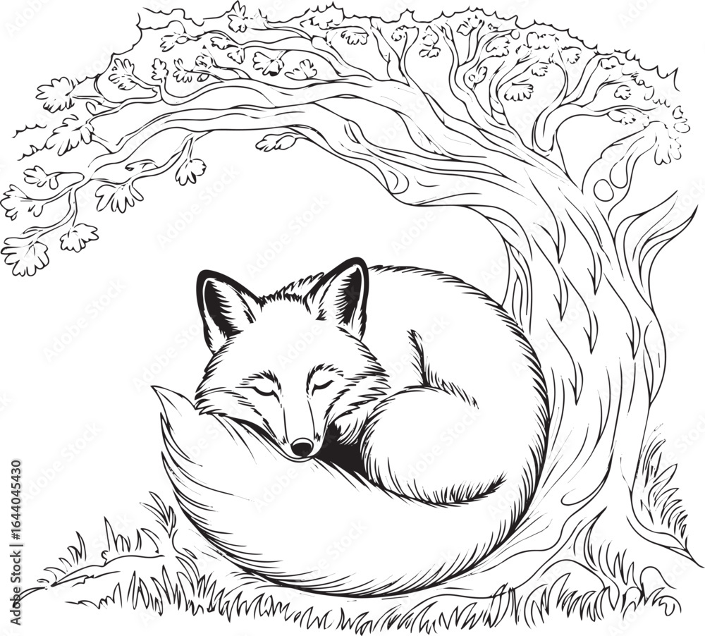 Poster continuous single line drawing of a fox curled up under a tree, minimalist one line art in black on 