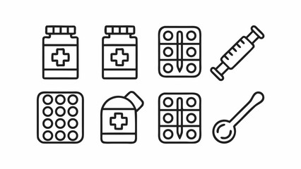 Illustration of various medical supplies including pills bottles syringe and spoon in black outline silhouette