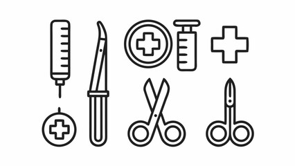 Obraz premium Illustration of medical tools including a syringe, forceps, cross symbols, and scissors in black outline silhouette
