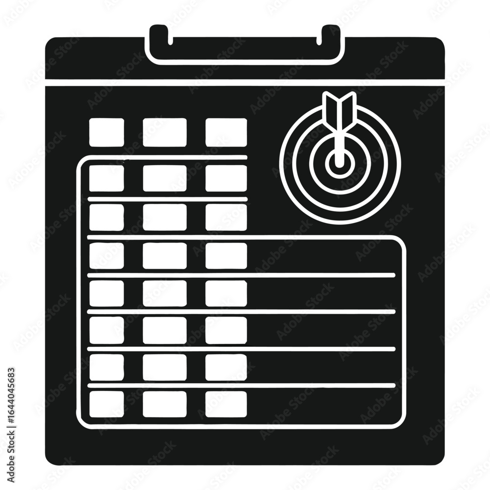 Poster Black and white icon of a calendar with a dartboard and dart date schedule