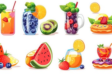 Vibrant Fruit Smoothies, Juices, and Donuts: Cartoon Style, Healthy and Delicious Mood