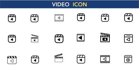 Video Icons Vector Set - Play Button Film Symbols, Movie Cinema Graphics, Streaming Media Players, Content Creation Tools, Entertainment Multimedia Elements
