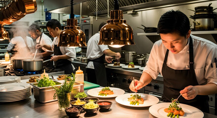 "Culinary Team at Work in a Fine Dining Kitchen" – Ideal for use in restaurant promotional materials, culinary school brochures, or chef recruitment campaigns.