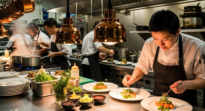 "Culinary Team at Work in a Fine Dining Kitchen" – Ideal for use in restaurant promotional materials, culinary school brochures, or chef recruitment campaigns.