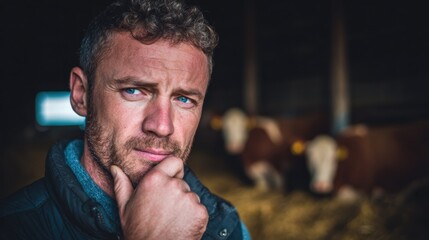 Intense portrait of a farmer, deep in thought, with cows blurred in the background of the scene.